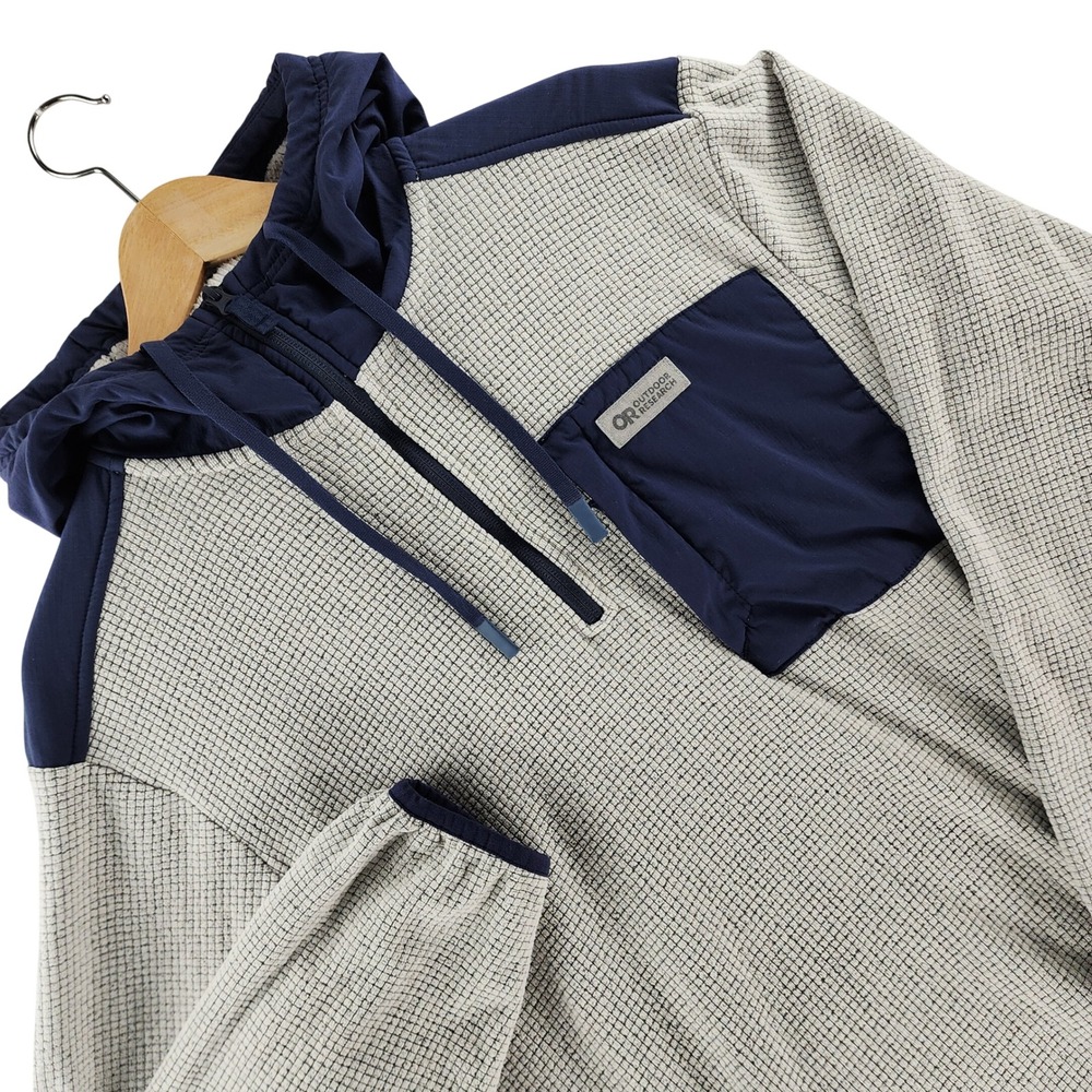 Outdoor Research Trail Mix Hoodie Mens M Gray Navy Grid Fleece Pullover
